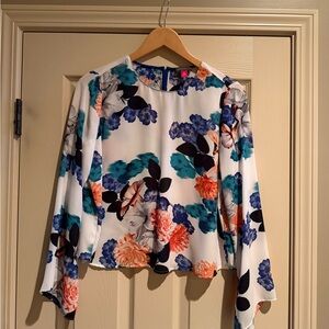 Vince Camuto White Floral Blouse with Blue and Orange Accents